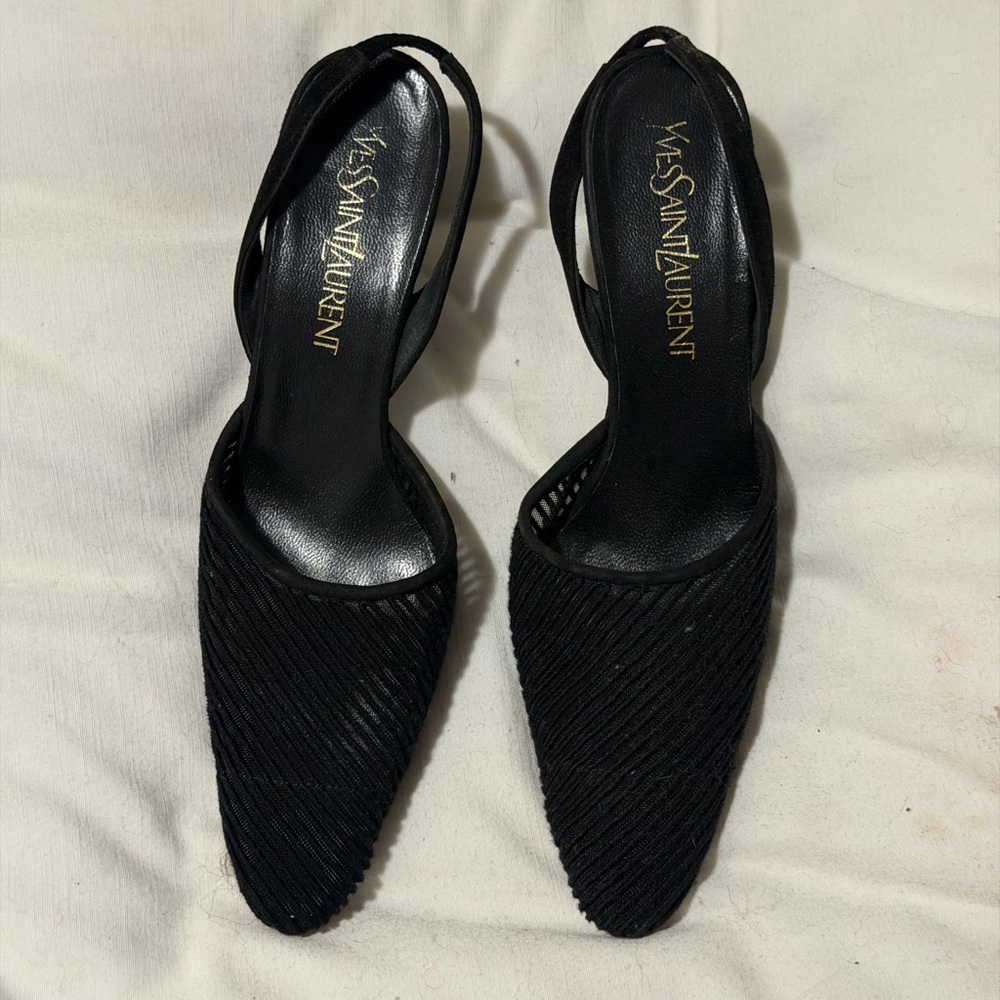 Yves Saint Laurent Black Textured Slingback Pointed Pumps
